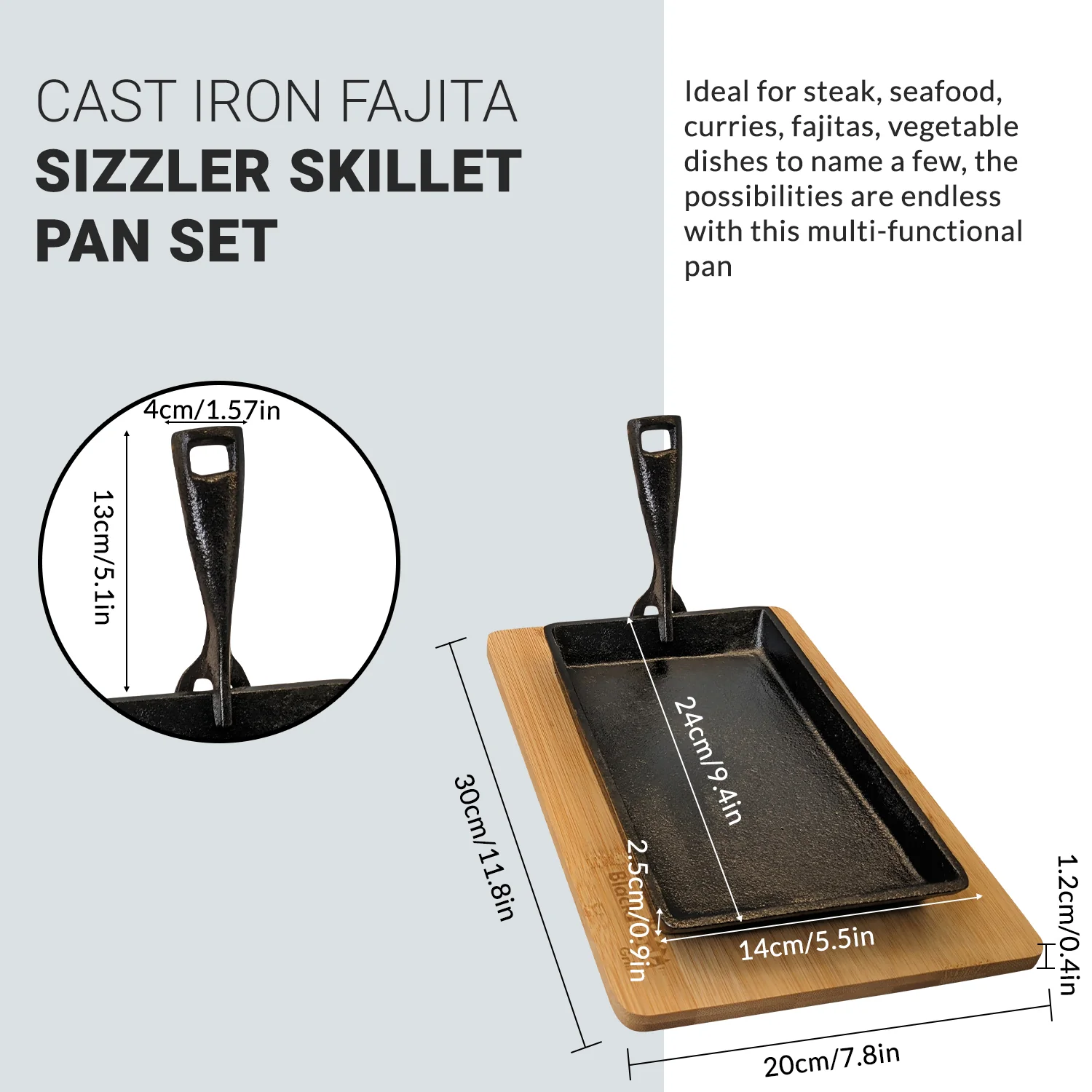 Cast Iron Fajita Skillet Pan with Wood Base - Image 3