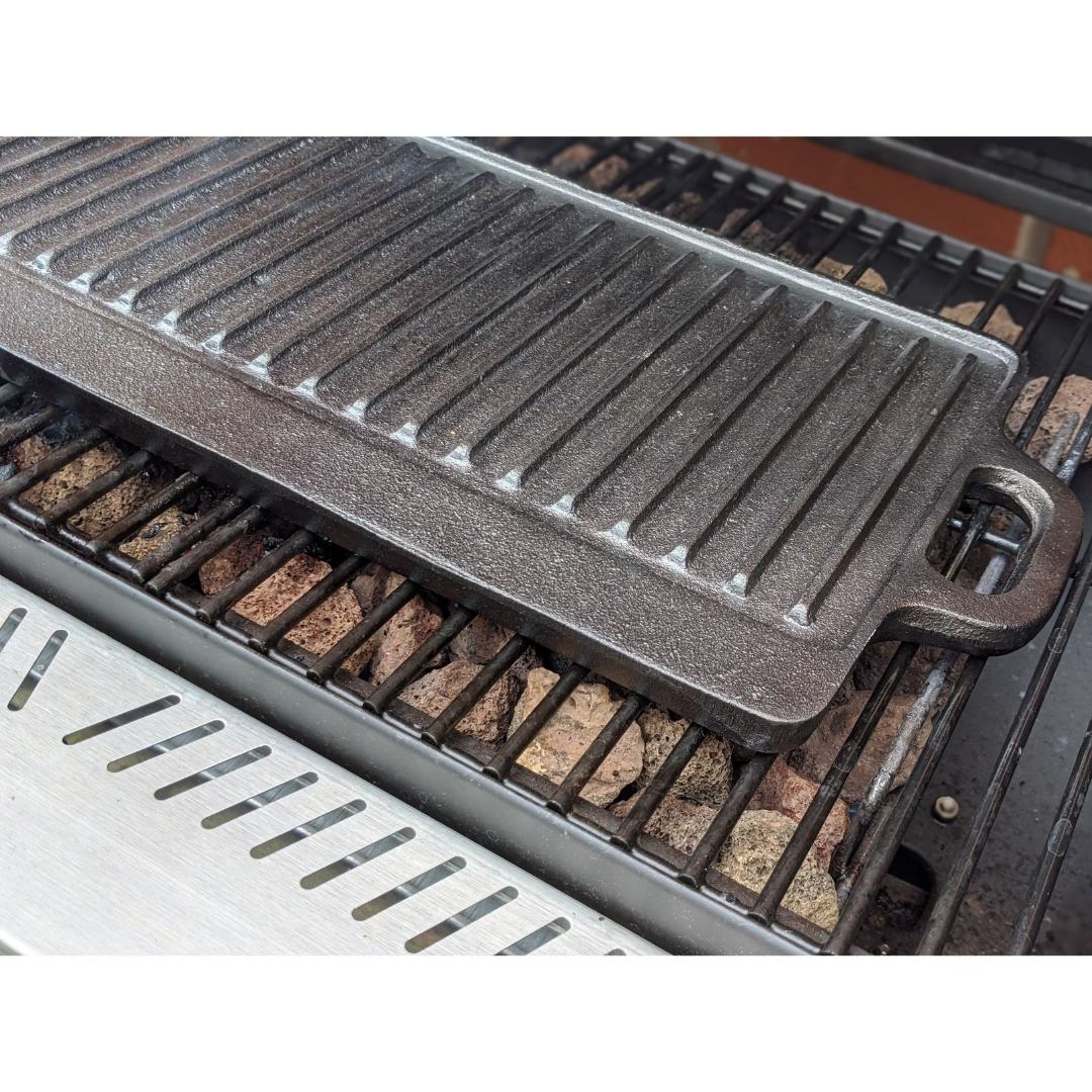 Large Reversible Cast Iron Griddle Pan with Silicone Grip Handles | BBQ Griddle Plate for Gas, Electric Hob, Oven - 46cm x 23cm (18"x9") + Marinating Oil Brush - Image 10