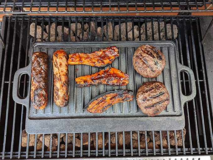 Large Reversible Cast Iron Griddle Pan with Silicone Grip Handles | BBQ Griddle Plate for Gas, Electric Hob, Oven - 46cm x 23cm (18"x9") + Marinating Oil Brush - Image 3