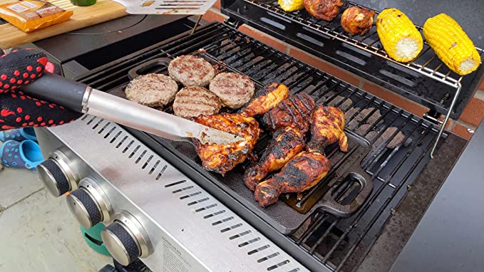 Large Reversible Cast Iron Griddle Pan with Silicone Grip Handles | BBQ Griddle Plate for Gas, Electric Hob, Oven - 46cm x 23cm (18"x9") + Marinating Oil Brush - Image 5