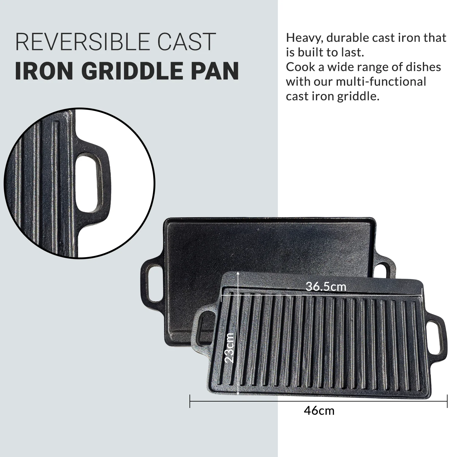 Large Reversible Cast Iron Griddle Pan with Silicone Grip Handles | BBQ Griddle Plate for Gas, Electric Hob, Oven - 46cm x 23cm (18"x9") + Marinating Oil Brush - Image 7